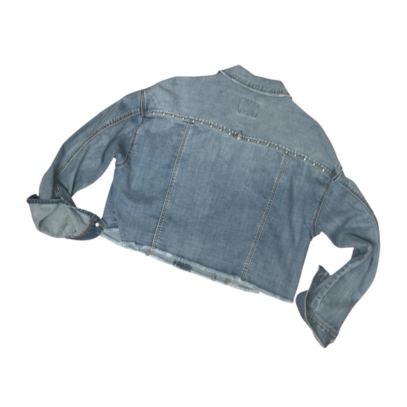 Liverpool Faded Blue Distressed Wide Long Sleeve Crop Denim Jean Jacket Medium - Picture 8 of 15